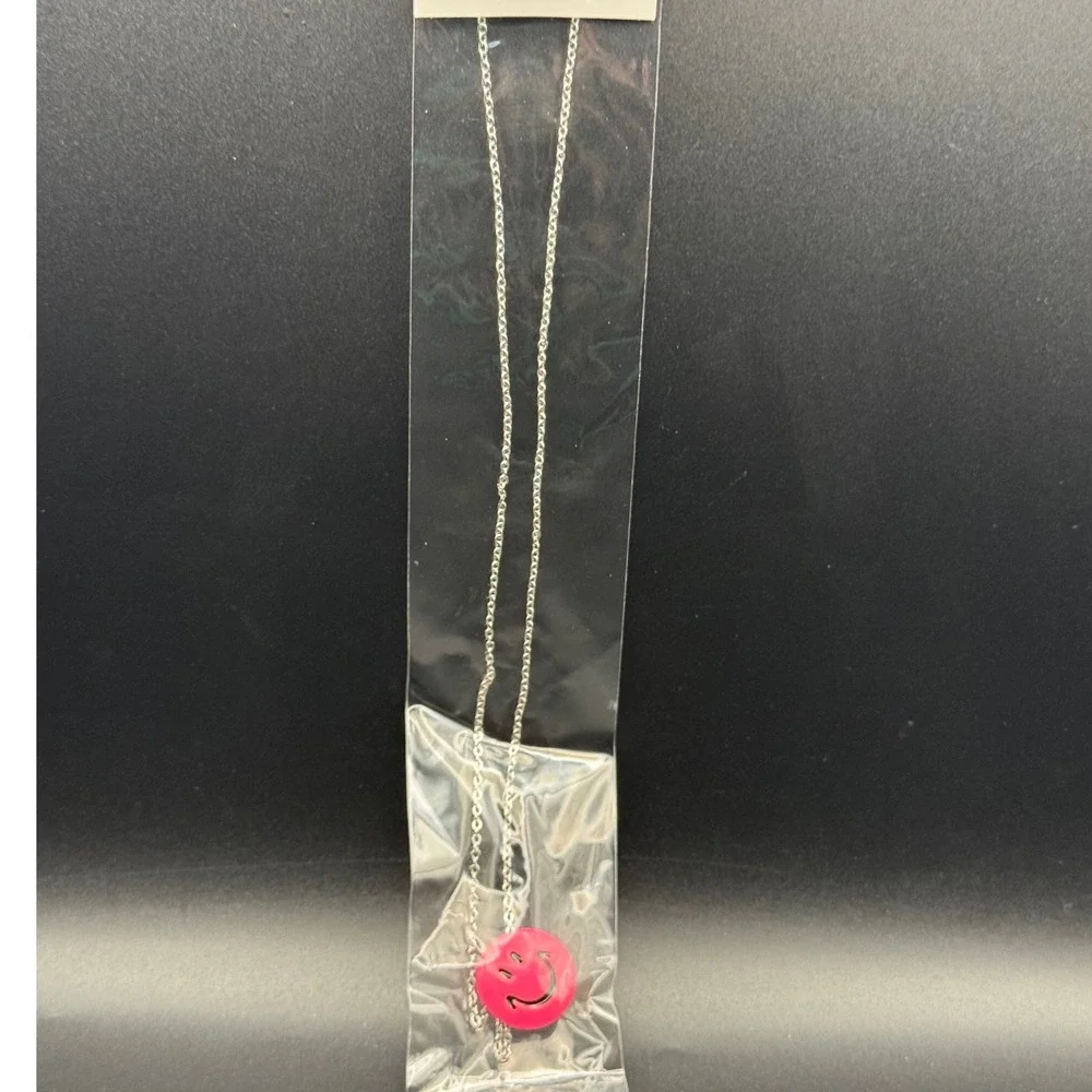 Kids Pink Smiley Face Pendant Necklace Silver Tone Chain Lead Nickel Free